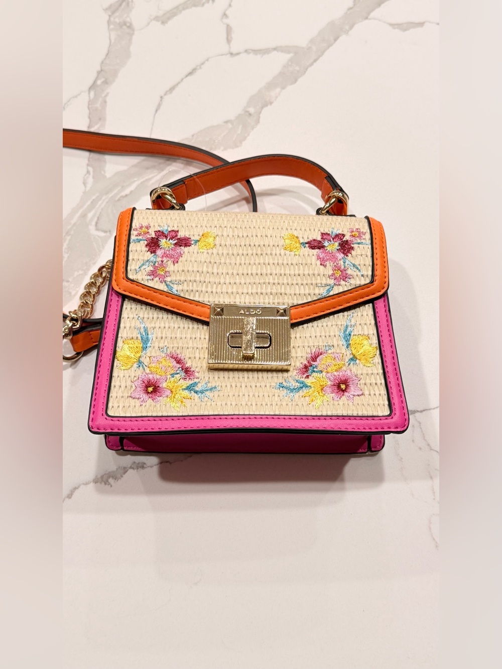 ALDO Floral Embroidered Straw Top Handle Crossbody Bag Pink Orange⁠ Strap - Picture 2 of 8